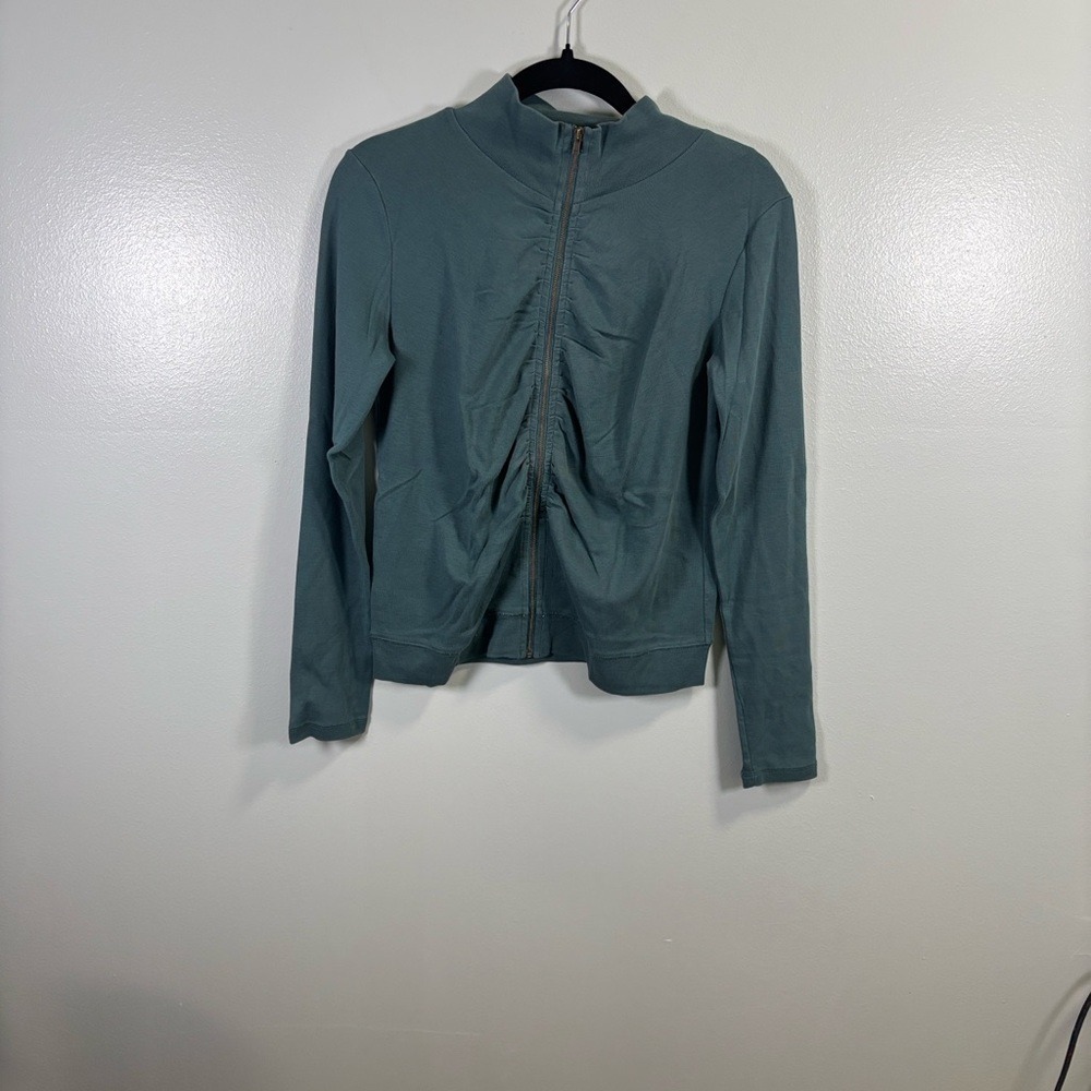 Jigsaw‎ Womens Teal Blue 100% Cotton Ruched Zip Up Mock Neck Jacket Size M